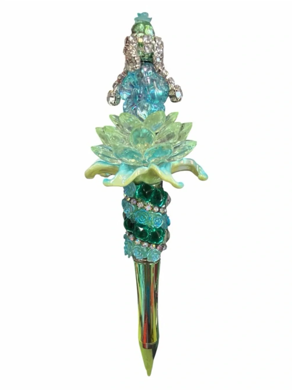 Handmade Crystal Lotus Pen in Aqua Green and Teal